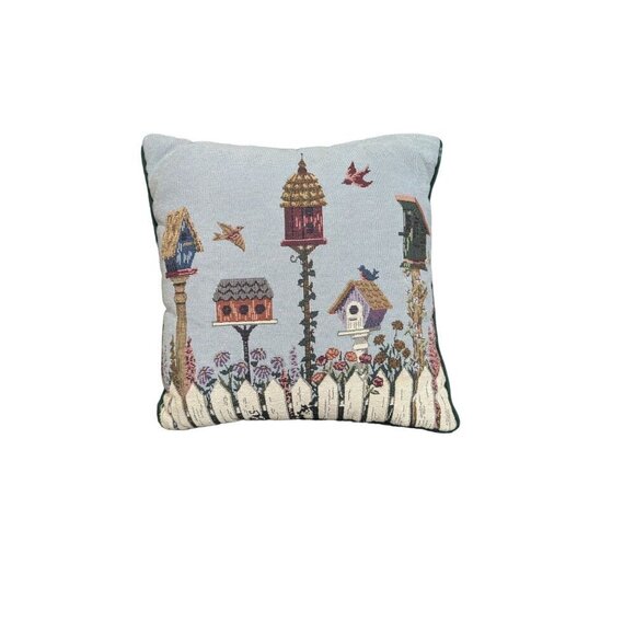 Riverdale Decorative Tapestry Pillow With Birdhouse Design 15" blue green - Picture 2 of 8